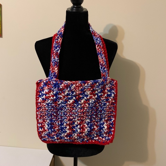 Shoulder Bag Red,White,Blue Mix, Shoulder Bag, handmade, crocheted - Picture 6 of 16